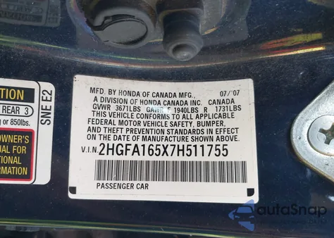 2007 Honda Civic Lx from USA, damaged, VIN 2HGFA165X7H511755